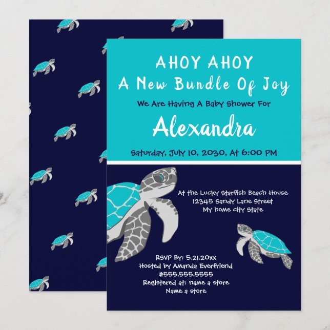  Sea Turtle Navy Blue Nautical Boy Baby Shower  (Front/Back)