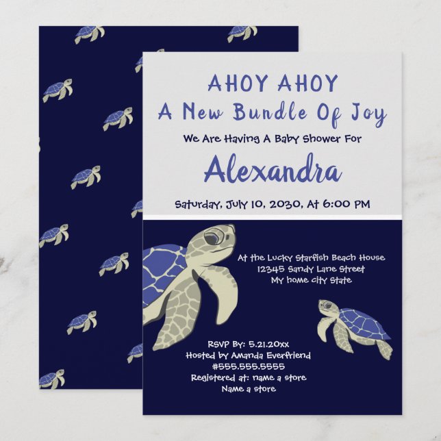  Sea Turtle Navy Blue Nautical Boy Baby Shower  (Front/Back)