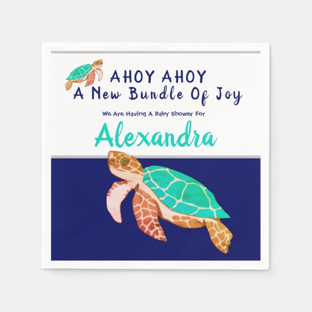 Sea Turtle Navy Blue Nautical Boy Baby Shower Napkins (Front)