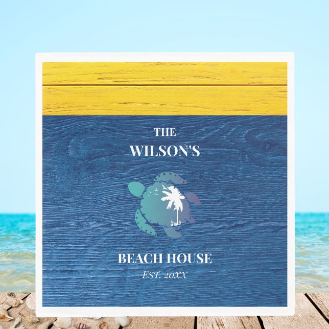 Sea Turtle Navy Blue Wood Family Name Beach House Napkins (Creator Uploaded)