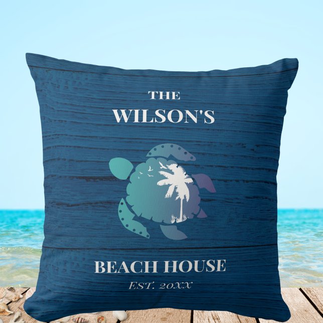 Sea Turtle Navy Blue Wood Family Name Beach House  Throw Pillow (Creator Uploaded)