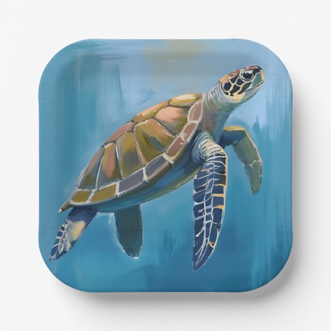 Sea Turtle Ocean Animal Watercolor Paper Plates (Front)