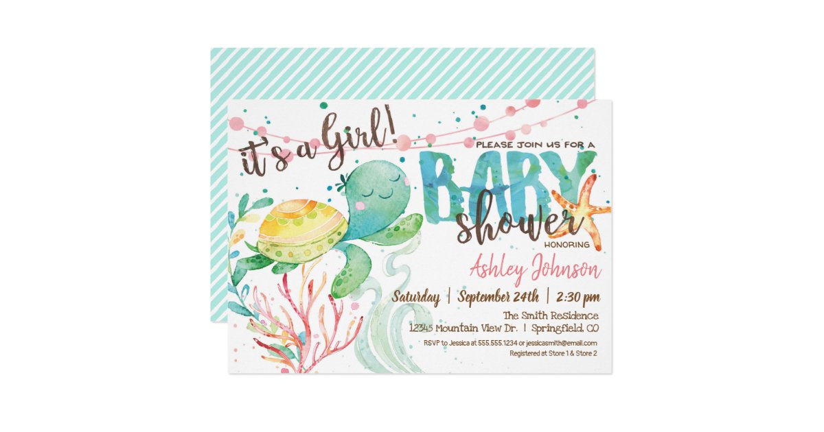 Sea Turtle Ocean Baby Shower Invitation Girl Invitation Zazzle Com