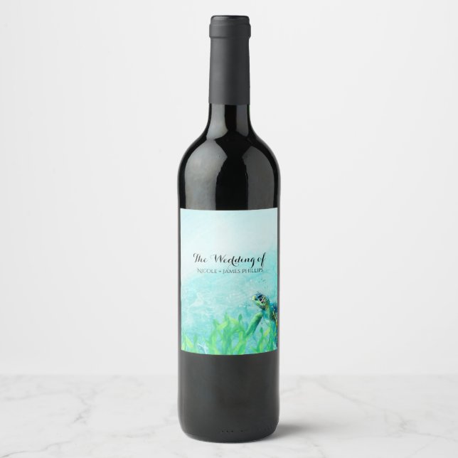 Sea Turtle Ocean Beach Art Custom Wedding Wine Label (Front)