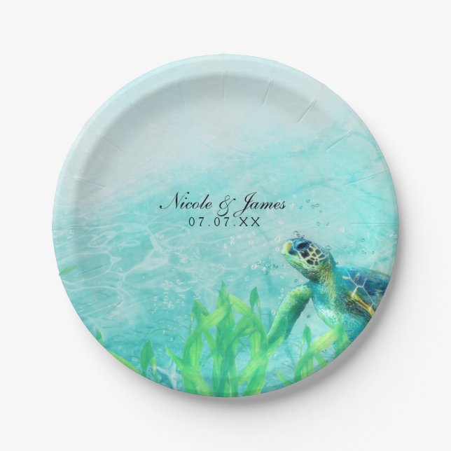 Sea Turtle Ocean Beach Art Elegant Wedding Custom Paper Plates (Front)
