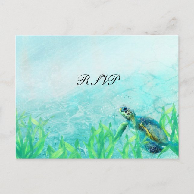 Sea Turtle Ocean Beach Art Elegant Wedding RSVP Invitation Postcard (Front)