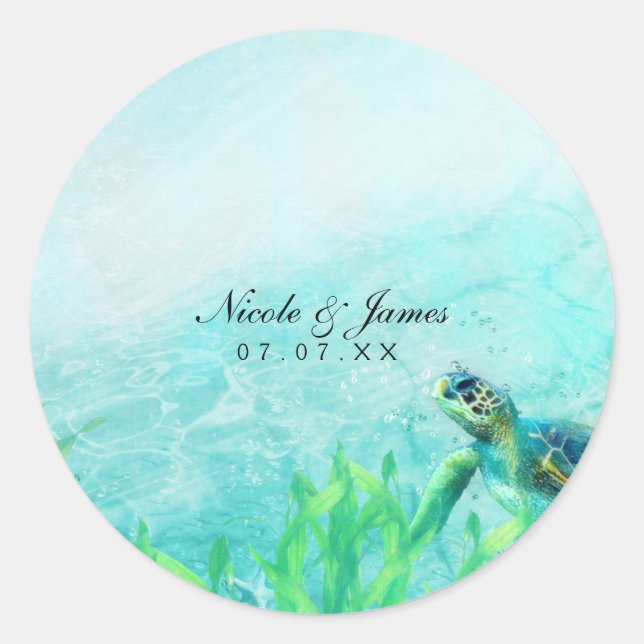 Sea Turtle Ocean Beach Art Wedding Custom Favor Classic Round Sticker (Front)