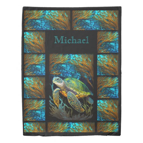 Sea Turtle Ocean Faux Stained Glass  Duvet Cover