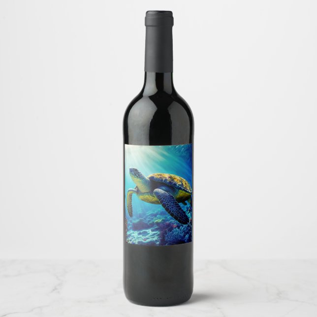 Sea Turtle Ocean Marine Life Beach Nature Animals Wine Label (Front)