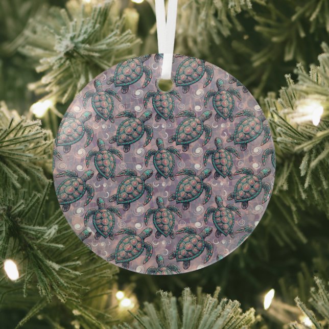 Sea Turtle Ocean Pattern Glass Ornament (Insitu)