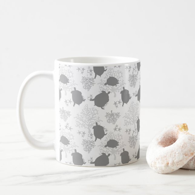 Sea Turtle Ocean Pattern Gray Art Coffee Mug (With Donut)