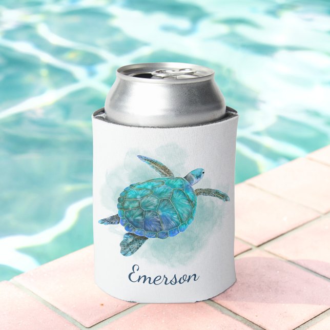 Sea Turtle Ocean Watercolor Personalized Can Cooler (Creator Uploaded)