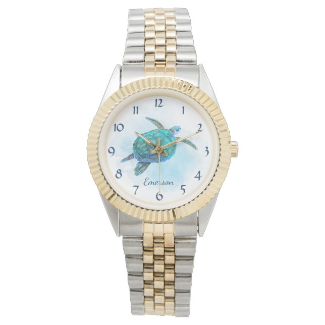 Sea Turtle Ocean Watercolor With Name Watch (Front)