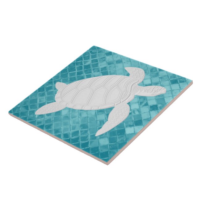 Sea Turtle on Aqua Sea Glass Pattern Ceramic Tile (Side)