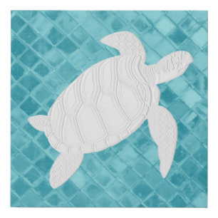 Sea Turtle on Aqua Sea Glass Pattern Faux Canvas Print