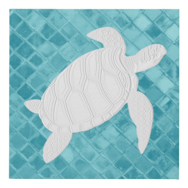 Sea Turtle on Aqua Sea Glass Pattern Faux Canvas Print (Front)