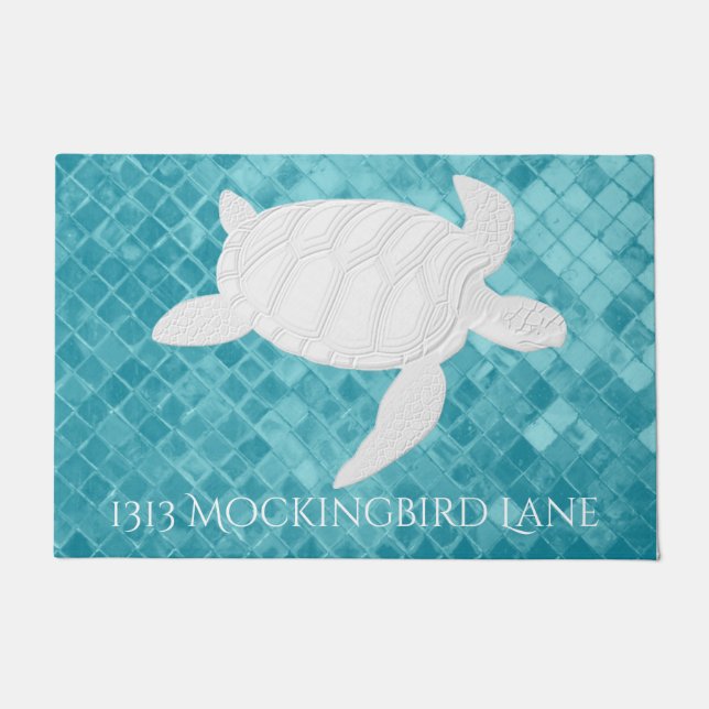Sea Turtle on Aqua Sea Glass Personalize Doormat (Front)