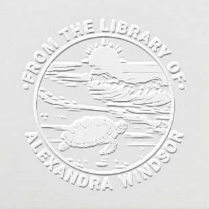 Sea Turtle On Beach, Ocean Waves Library Book Name Embosser