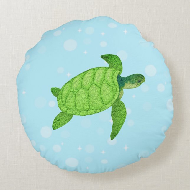 Sea turtle on light blue background round pillow (Back)