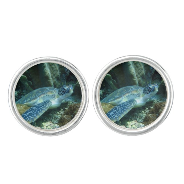 Sea Turtle on Seabed Photo Cufflinks (Front)