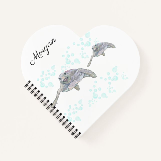 Sea Turtle Original Drawing Personalized Heart Notebook (Front)