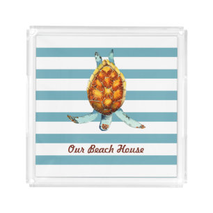 Sea Turtle Our Beach House on Dark Aqua Stripes Acrylic Tray