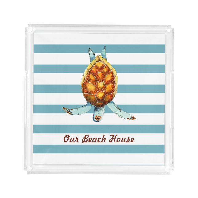 Sea Turtle Our Beach House on Dark Aqua Stripes Acrylic Tray (Front)
