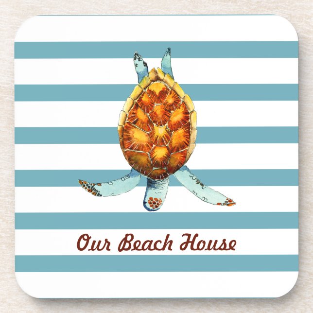 Sea Turtle Our Beach House on Dark Aqua Stripes Beverage Coaster (Front)