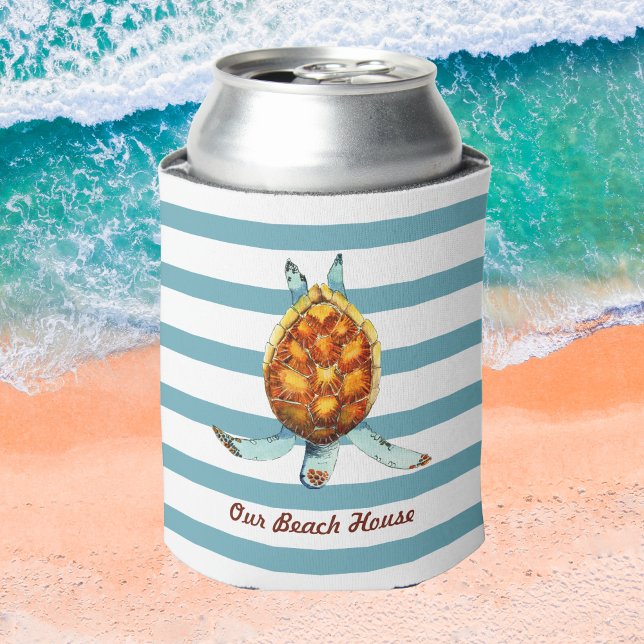 Sea Turtle Our Beach House on Dark Aqua Stripes Can Cooler (Creator Uploaded)