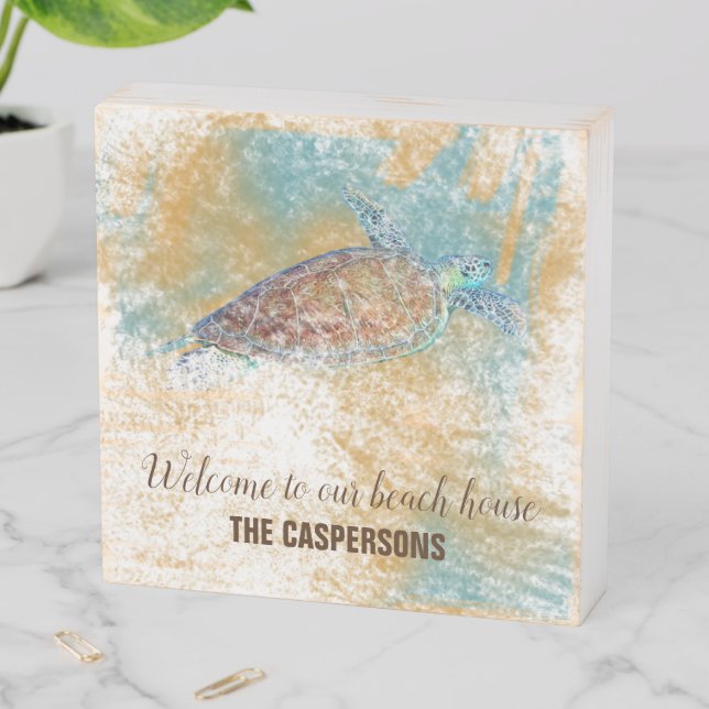 Sea Turtle Painted Beach Art With Name Wooden Box Sign (In Situ Horizontal)