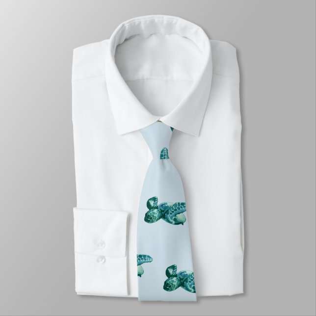 Sea Turtle Painting Coastal Beach Pattern Neck Tie (Tied)