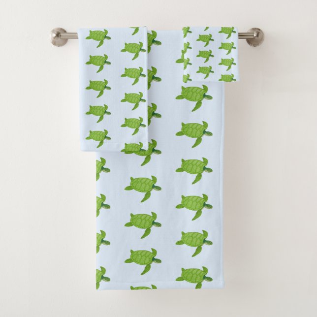 Sea turtle pattern on light blue bath towel set (Insitu)