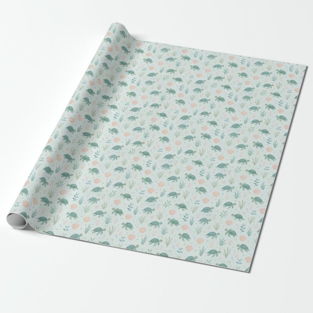 Sea Turtle Pattern with Ocean Plants Wrapping Paper (Unrolled)