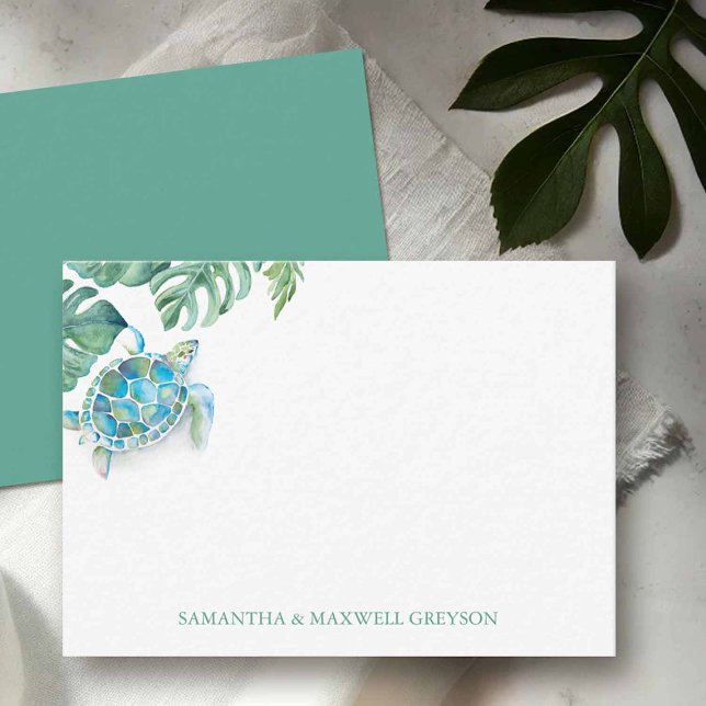 Sea Turtle Personalized Watercolor Note Card (Mini note cards with envelopes designed with sea turtle watercolor art.)