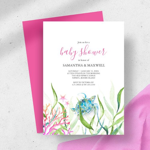 Sea Turtle  Pink and Green Baby Shower Invitation