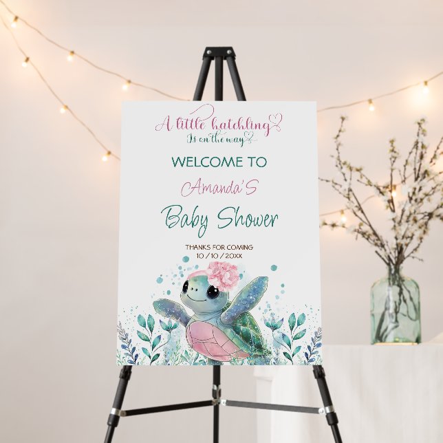 Sea Turtle Pink Girl Baby Shower Welcome Sign (In Situ (Stand))