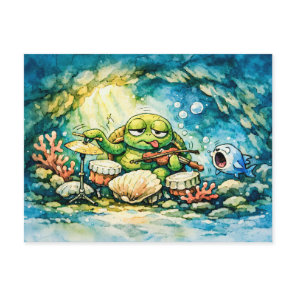 Sea turtle playing violin and shells   postcard