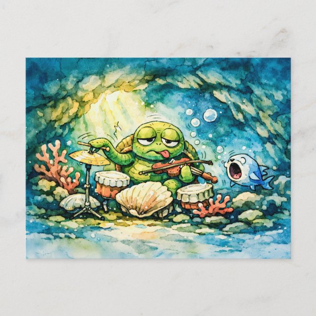 Sea turtle playing violin and shells   postcard (Front)