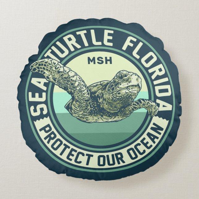 Sea Turtle Protection Custom Monogram Round Pillow (Front)