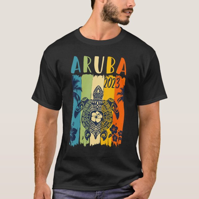 Sea Turtle Retro Aruba Caribe Family Vacation T-Shirt (Front)