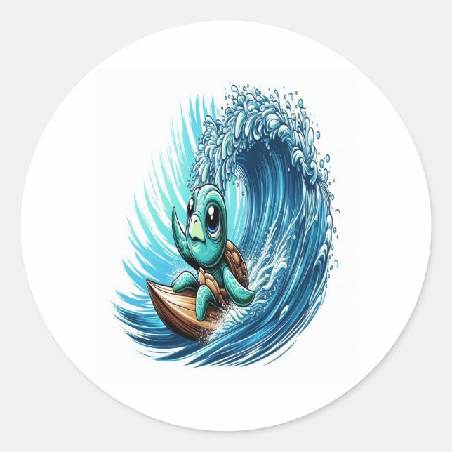 Sea Turtle Rides Emotion Wave. Classic Round Sticker (Front)