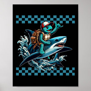 Sea Turtle Riding A Shark To School Boys Back To S Poster