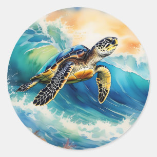 Sea Turtle Riding a Vibrant Wave Watercolor Classic Round Sticker