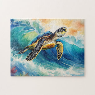 Sea Turtle Riding a Vibrant Wave Watercolor Jigsaw Puzzle