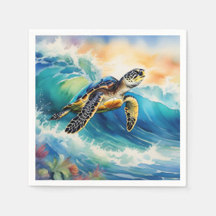 Sea Turtle Riding a Vibrant Wave Watercolor Napkins