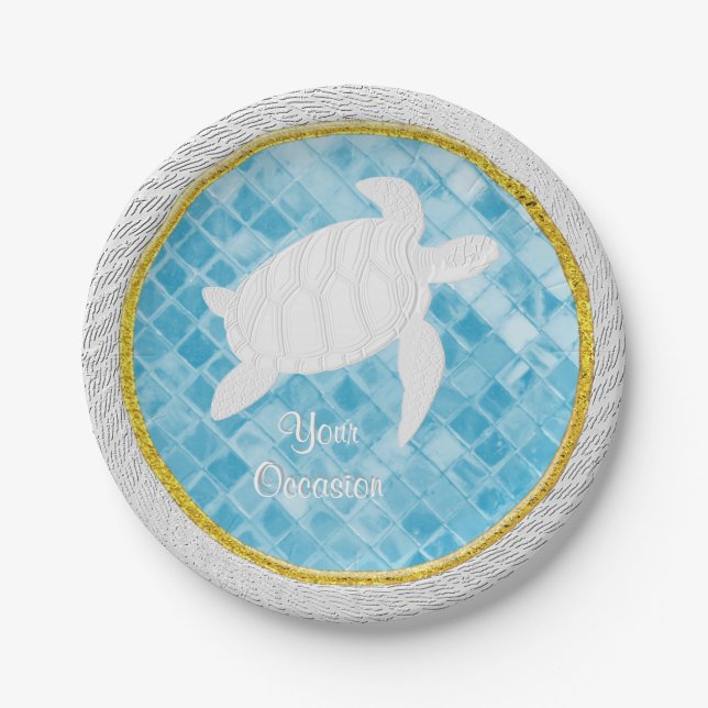 Sea Turtle Rope Blue Sea Glass Personalize Paper Plates (Front)