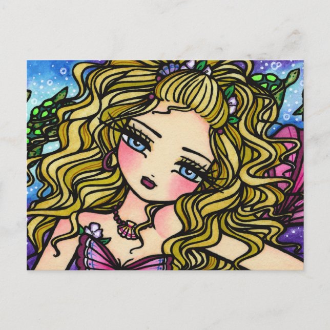 Sea Turtle Seashell Mermaid Girl Fantasy Postcard (Front)