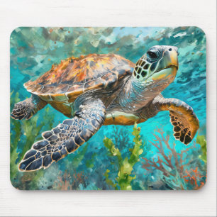 Sea Turtle Seaweed and Coral Painting Mouse Pad