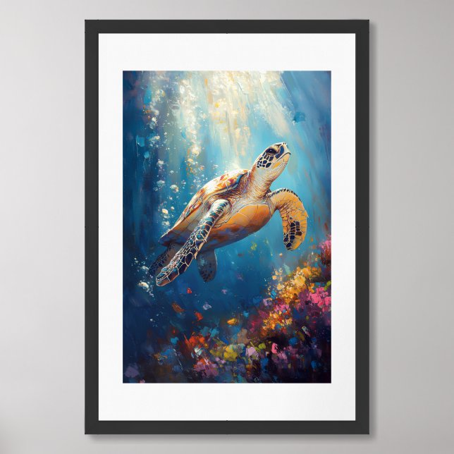 Sea Turtle Series – Coral Glow Beneath the Waves Framed Art (Framed Front)