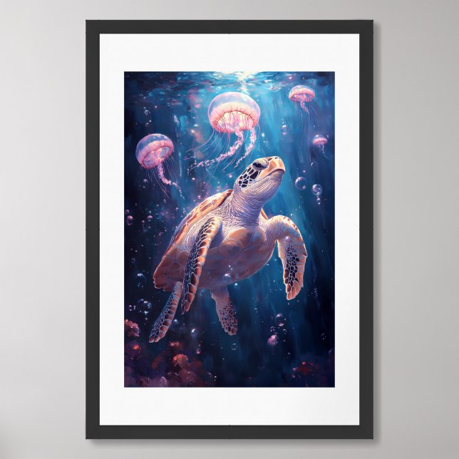 Sea Turtle Series – Light & Jelly Bloom Painting Framed Art (Framed Front)
